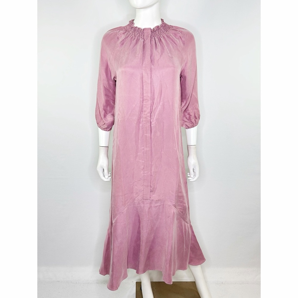 Sewlip Pink Cupro Round Bottom Dress Size XS Smocked Neck Modest Midi Length NEW
